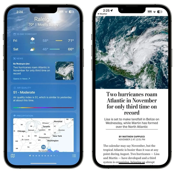 定日苹果14维修分享iPhone 14手机如何看天气时顺带看新闻 