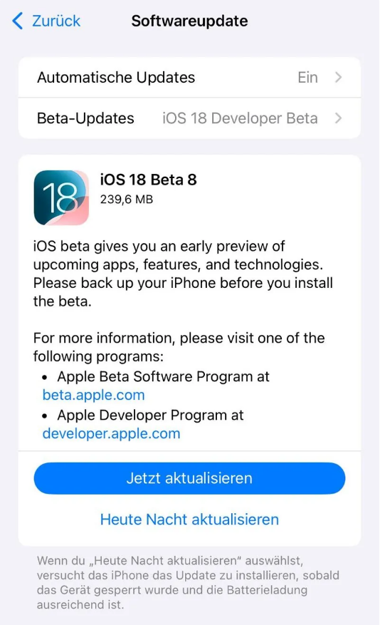 定日苹果手机维修分享苹果 iOS / iPadOS 18 开发者预览版 Beta 8 发布 